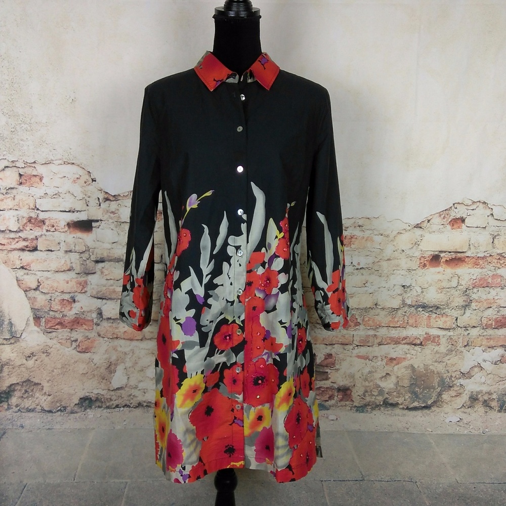 Soft Surroundings M Black Red Floral Beaded Tunic